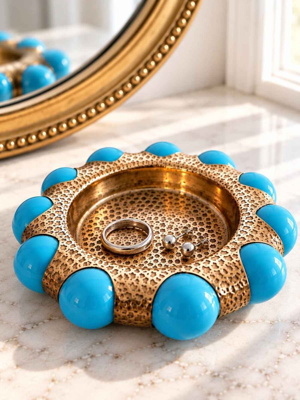 Fisher Jewel Tray Brass Turquoise Blue Glass Marbles Art Deco Vanity Dish 1930s